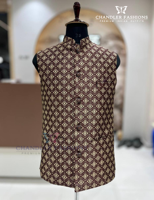Attractive Brown Color Jacquard With Self Design Men's Jacket