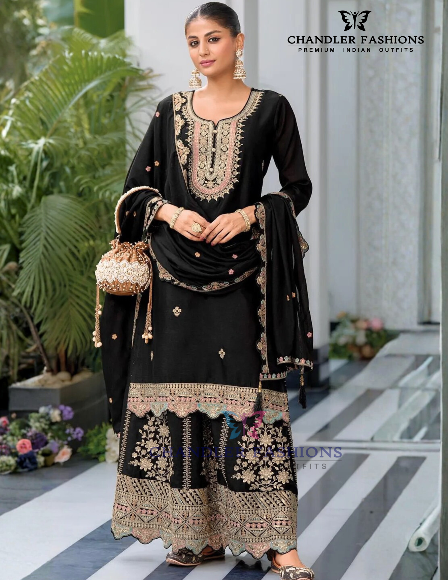 Beautiful Black Color Chinon With Embroidery Work Palazzo Suits And Dupatta