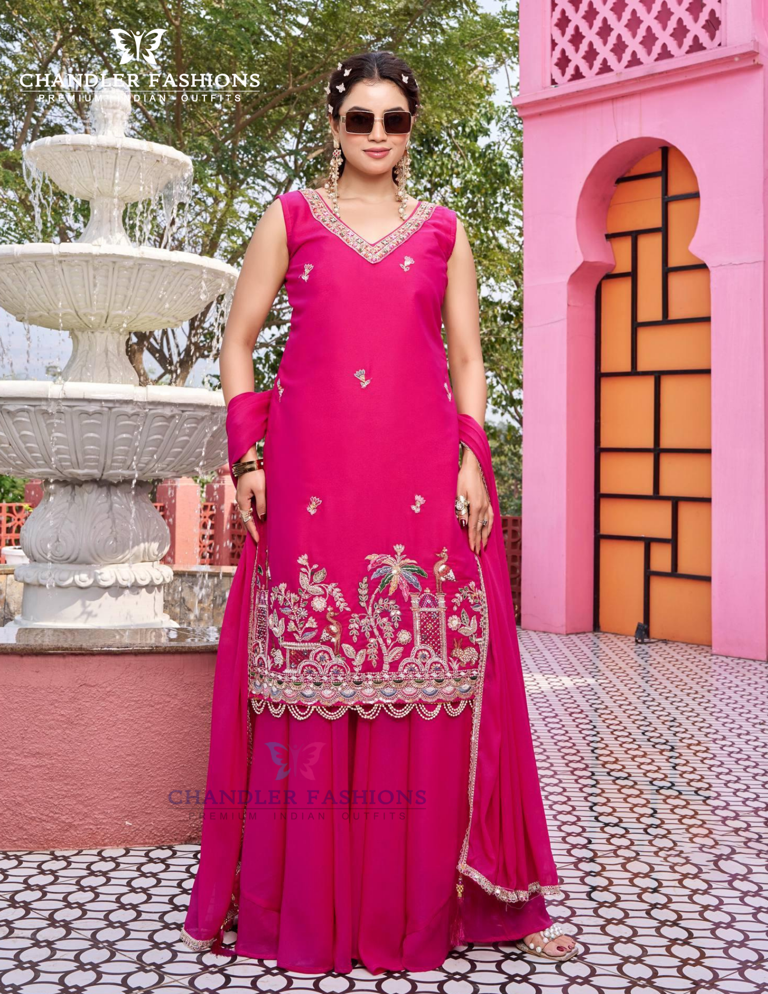 Amazing Pink Color Georgette Palazzo Suit With Embroidery Work And Fancy Lace Work