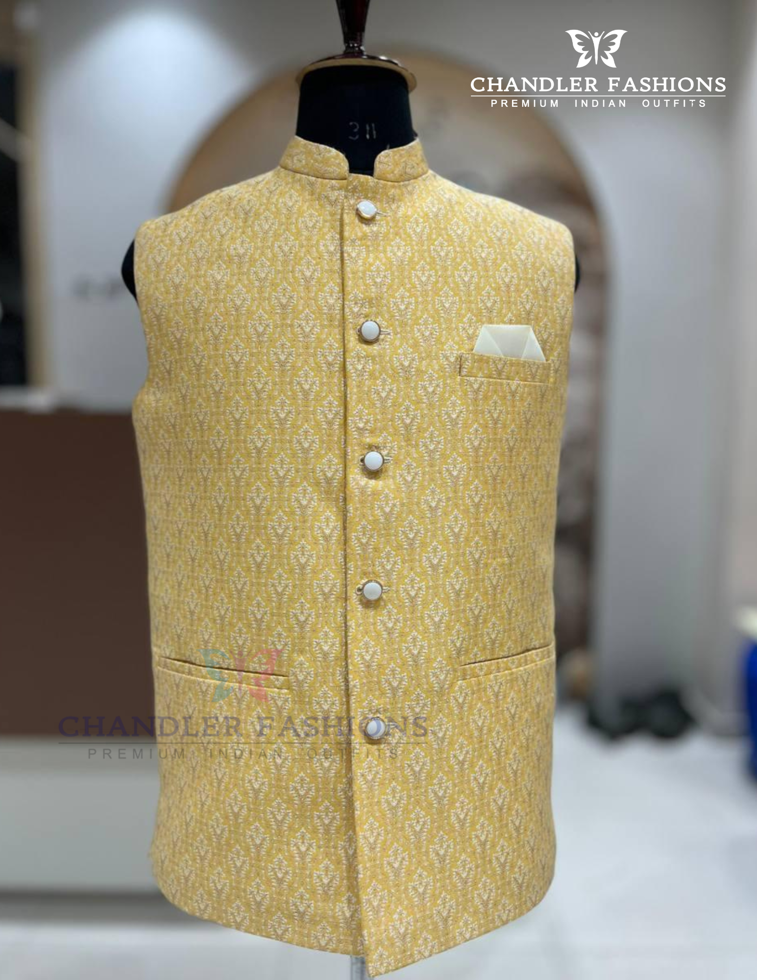 Stunning Yellow Color Jacquard With Self Design Men's Jacket