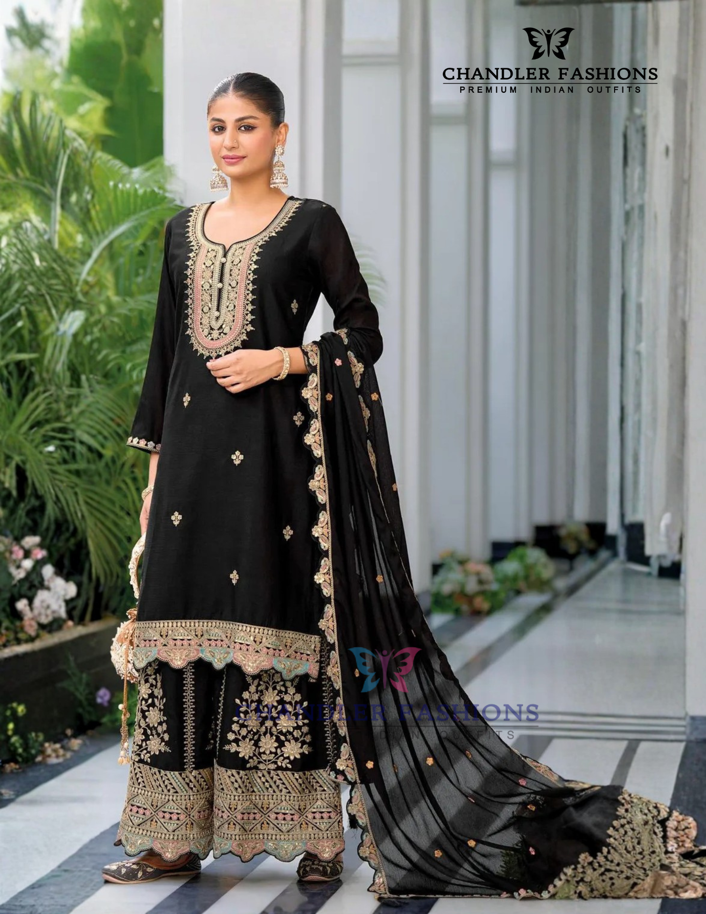 Black Color Chinon With Embroidery Work Palazzo Suits And Dupatta Near Me