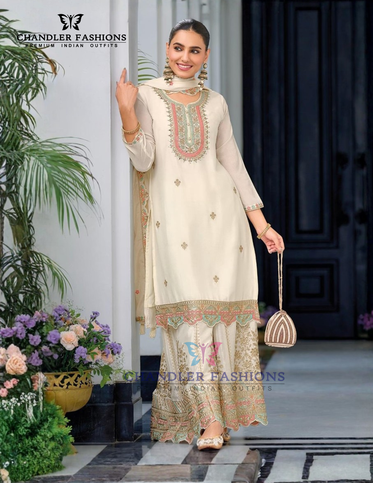 Elegant White Color Chinon With Embroidery Work Palazzo Suits And Dupatta