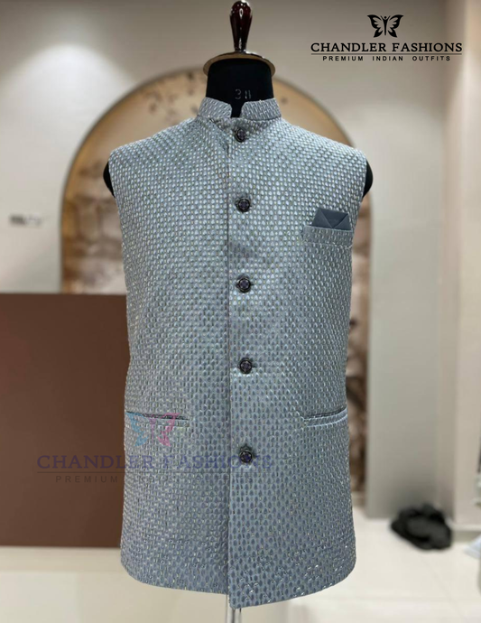 Charming Gray Color Silk With Self Design Men's Jacket