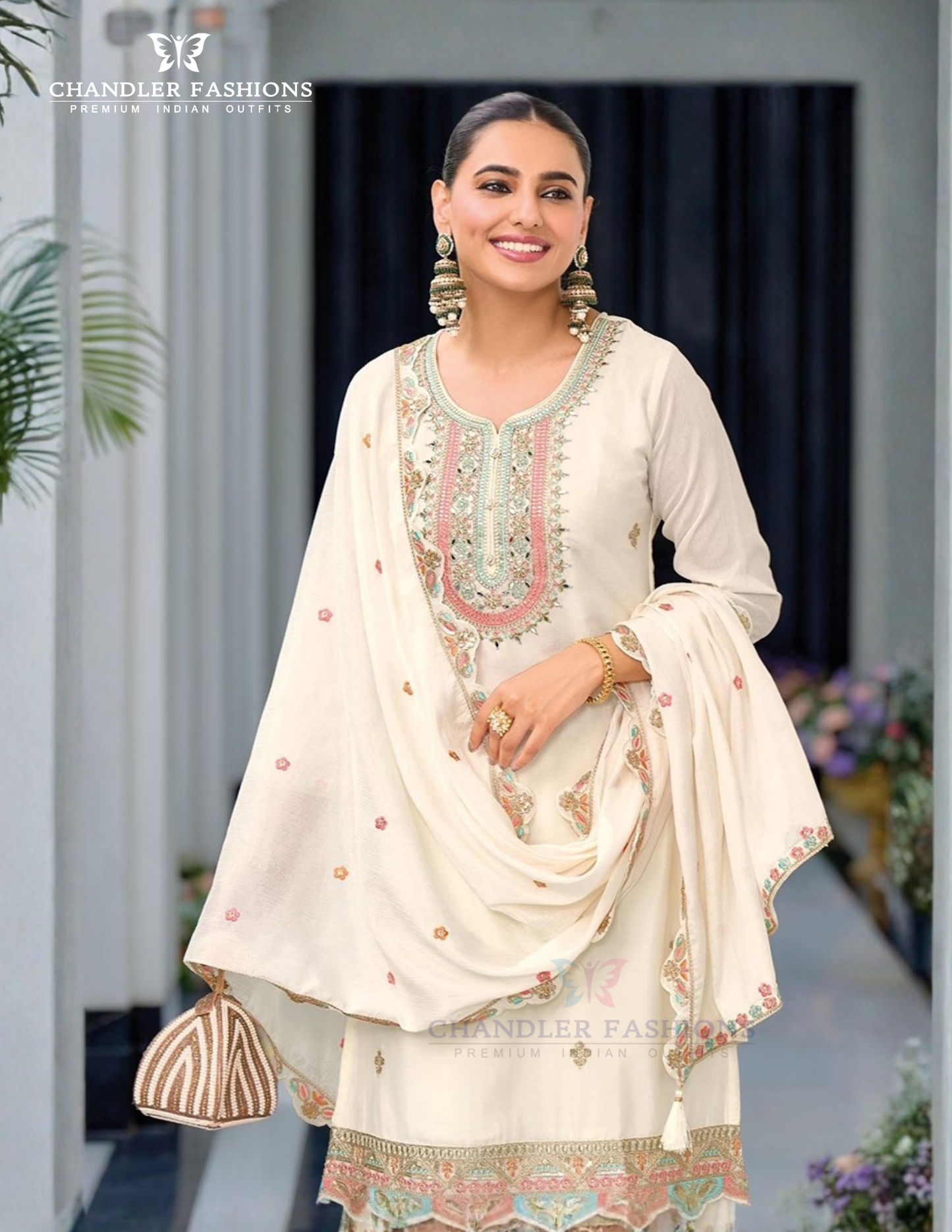 White Color Chinon With Embroidery Work Palazzo Suits Near Me