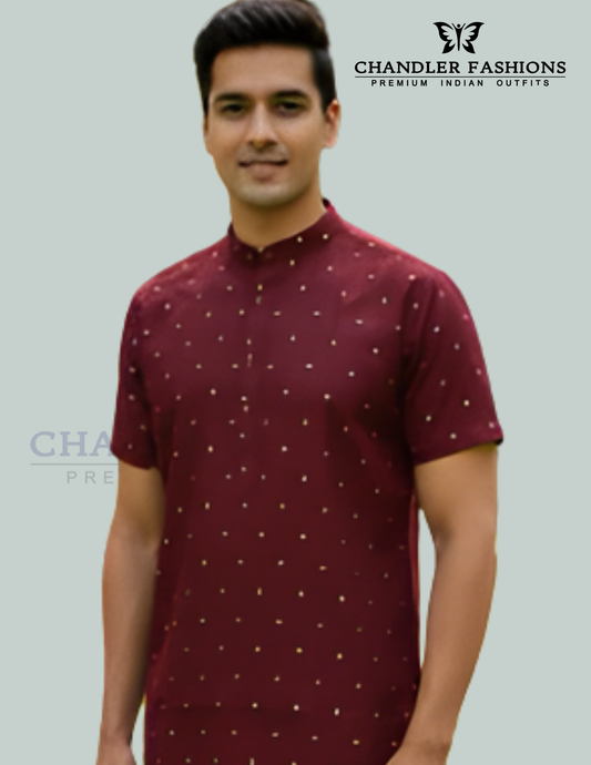 Graceful Maroon Color Silk Cotton Short Kurta For Men