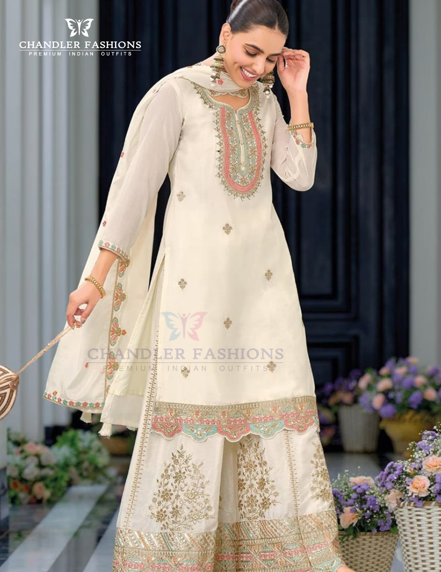 White Color Embroidery Work Palazzo Suits In USA