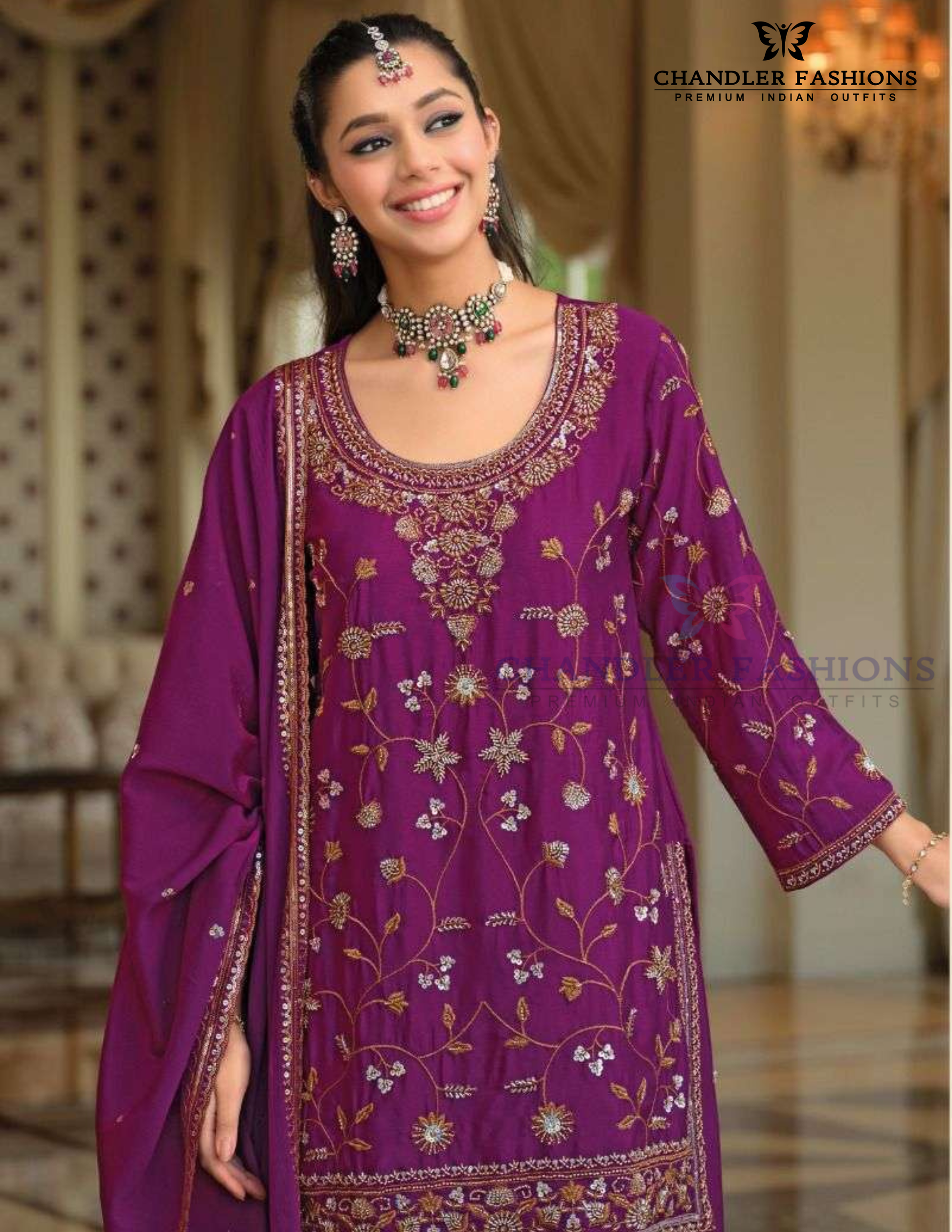 Purple Color Chinon Palazzo Suits With Dupatta Near Me