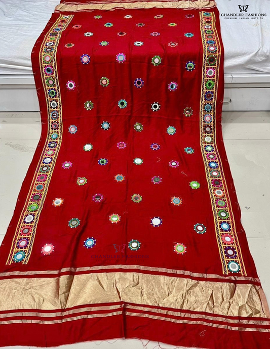 Amazing Red Color Silk With Printed And Mirror Work Dupatta For Women