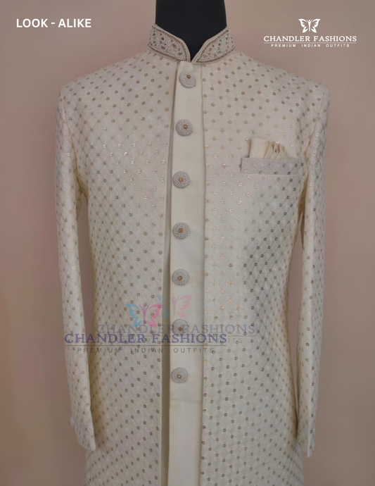 Charming Off White Color Silk With Hand Embroidery And Sequins Work Sherwani Suit For Men - PREMIUM QUALITY