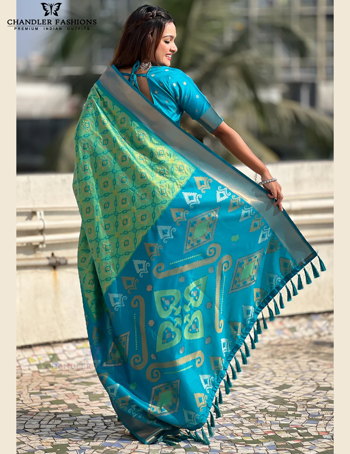 Green And Blue Ethnic Motifs Woven Design Zari Handloom Patola Saree In USA