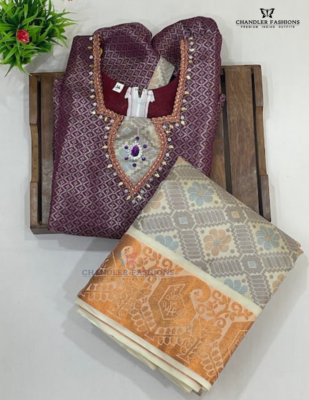 Purple And Cream Color Art Silk Langa Set With Stone And Zari Work In USA
