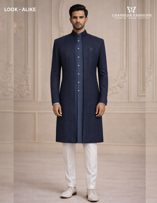 Charming Navy Blue Color Silk With Sequins And Embroidery Work Sherwani Suits For Men - PREMIUM QUALITY