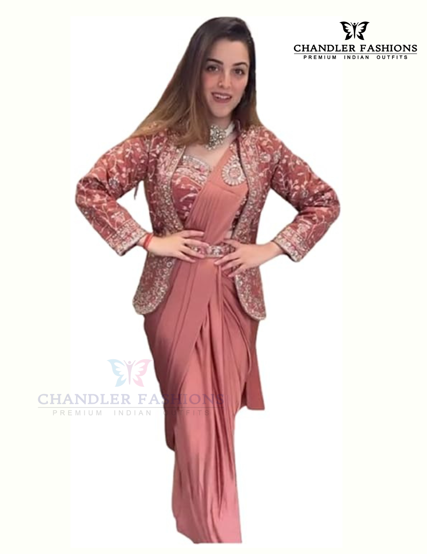 Gorgeous Light Peach Color Rangoli Fabric Ready To Wear Saree With Embroidered Shrug