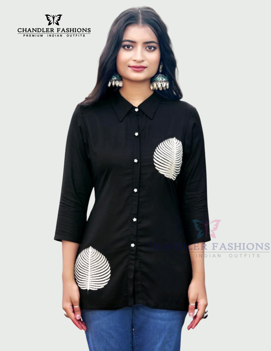 Stunning Black Color Rayon Short Kurti With Printed Work For Women
