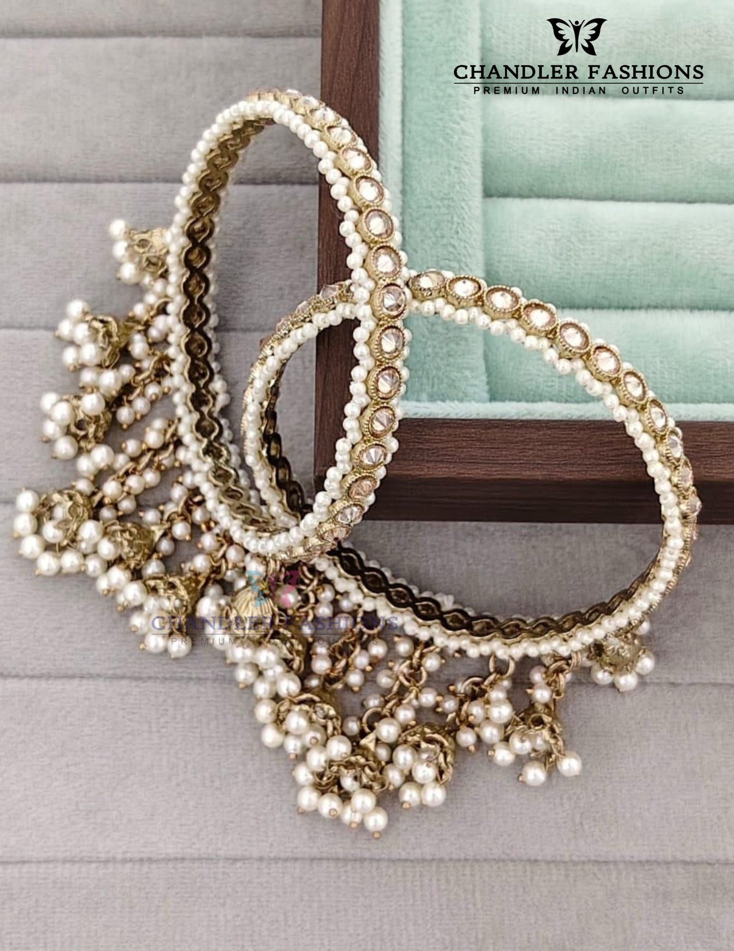 Pretty White Color Stones And Pearls With Jumkha Design American Diamond Bangles For Women