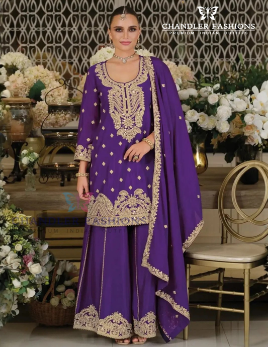 Gorgeous Violet Color Chinon Silk Sequins And Embroidery Work Palazzo Suits For Women