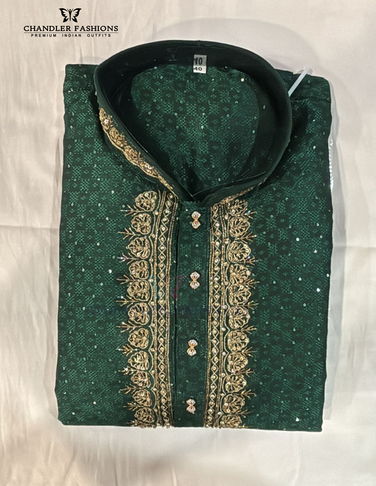 Delightful Green Color Brocade Designer Men's Kurta With Pajama Pant
