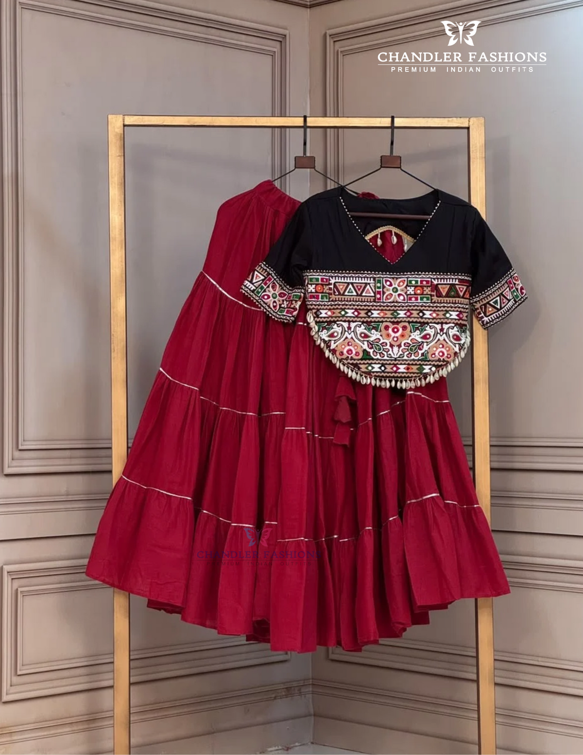 Elegant Maroon And Balck Color Kora Cotton With Kutchi Patchwork Lehenga For Women
