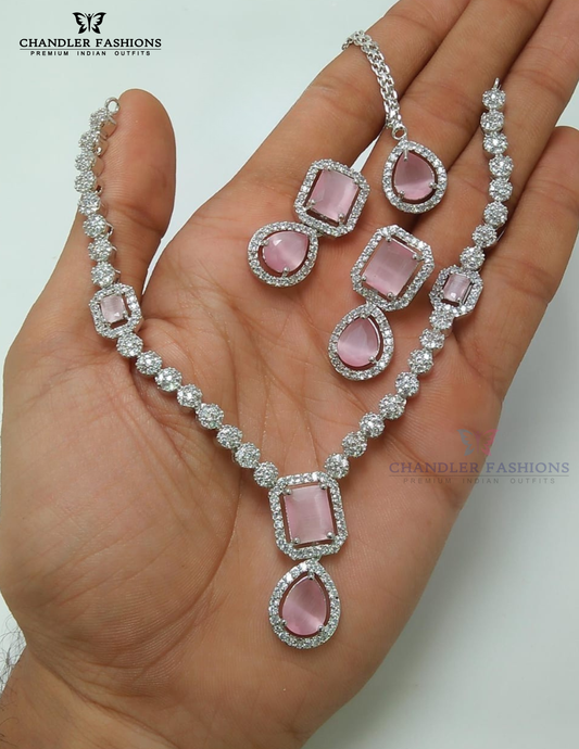 Stunning Pink And White Color Stone American Diamond Necklace Maang Tikka And Earrings Set