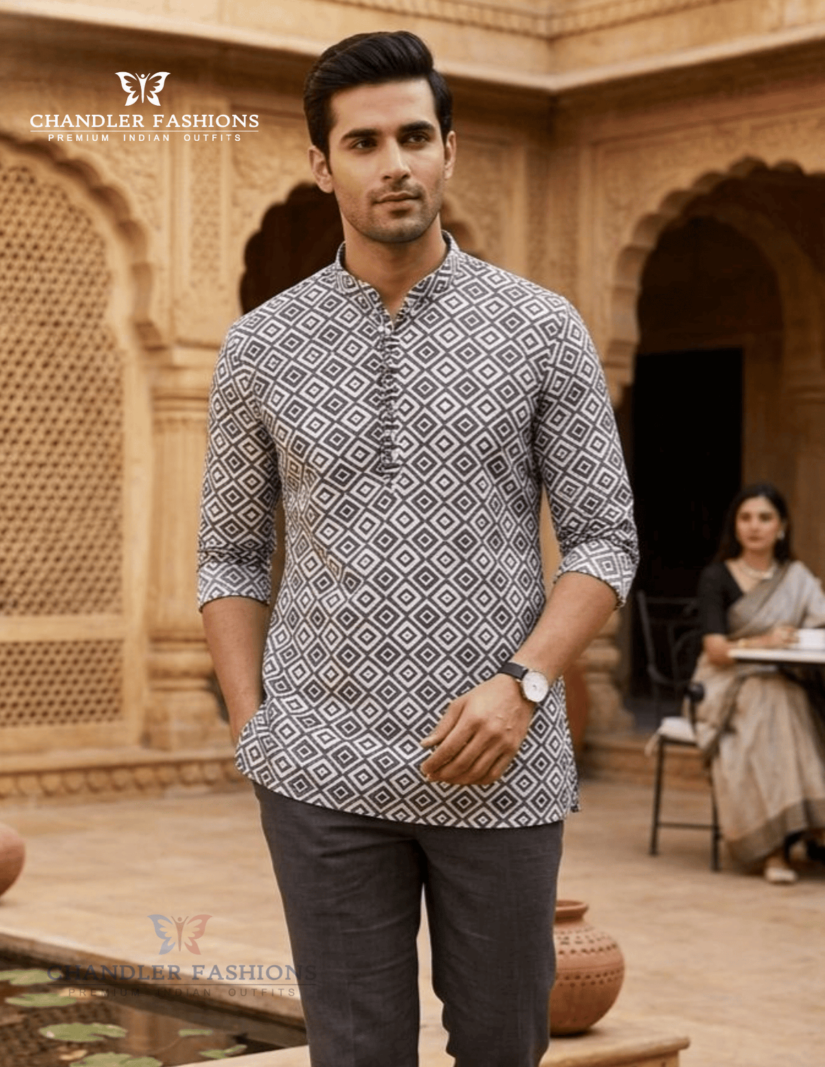 Beautiful White And Gray Color Short Kurta With Printed Work For Men