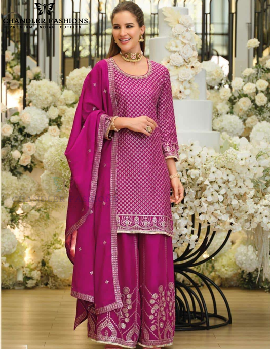 Amazing Pink Color Palazzo Suit With Embroidery Work And Ziya Work For Women