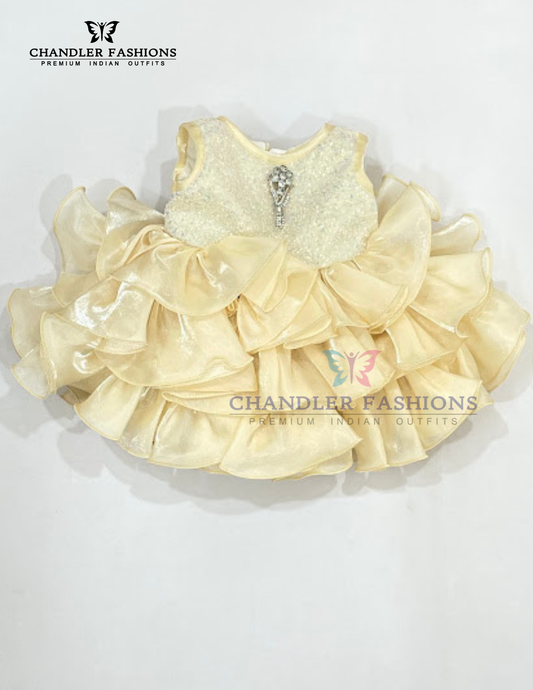 Pretty Sandal Color Sequins Work Frock With Brooch Pin For Girls