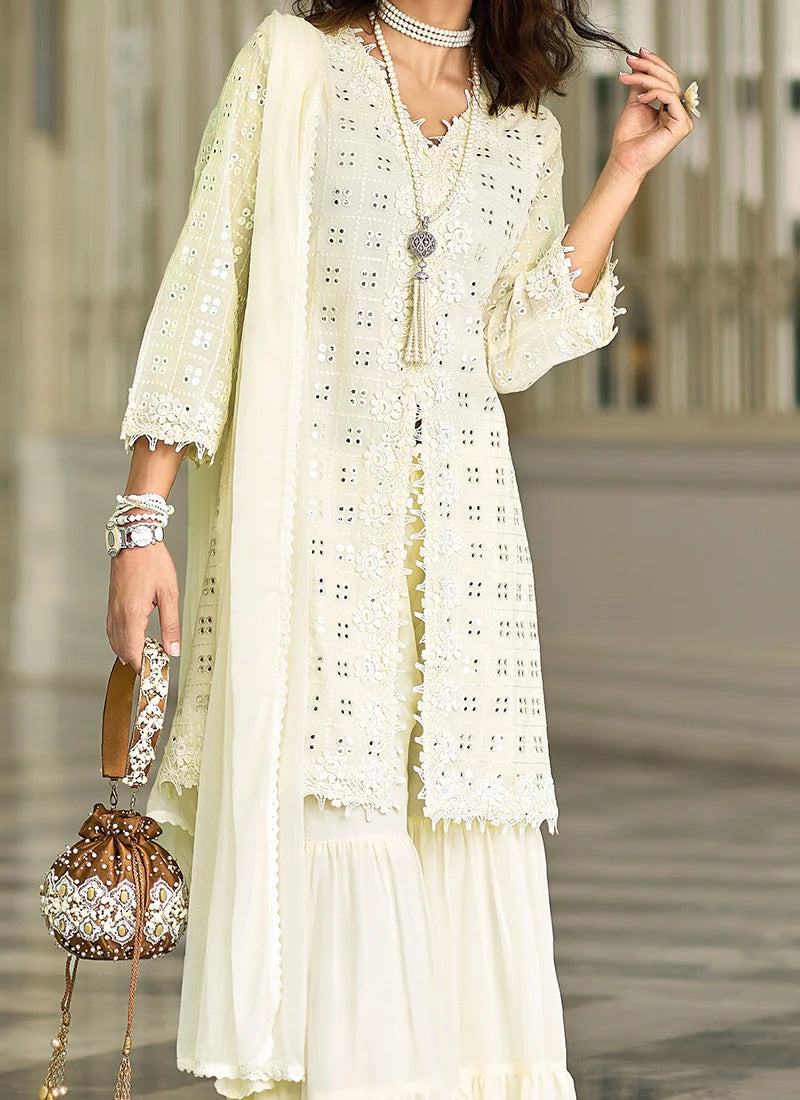 White Color Georgette Embroidered Designer Party Wear Sharara Suits  in USA