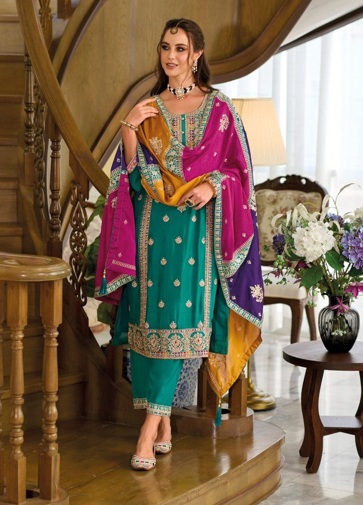 Beautiful Teal Green Colored Embroidery Work Salwar Suits For Women