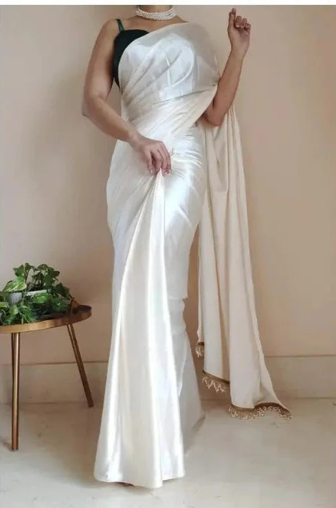 Attractive White color Satin Saree With Lace Latkan Border Work