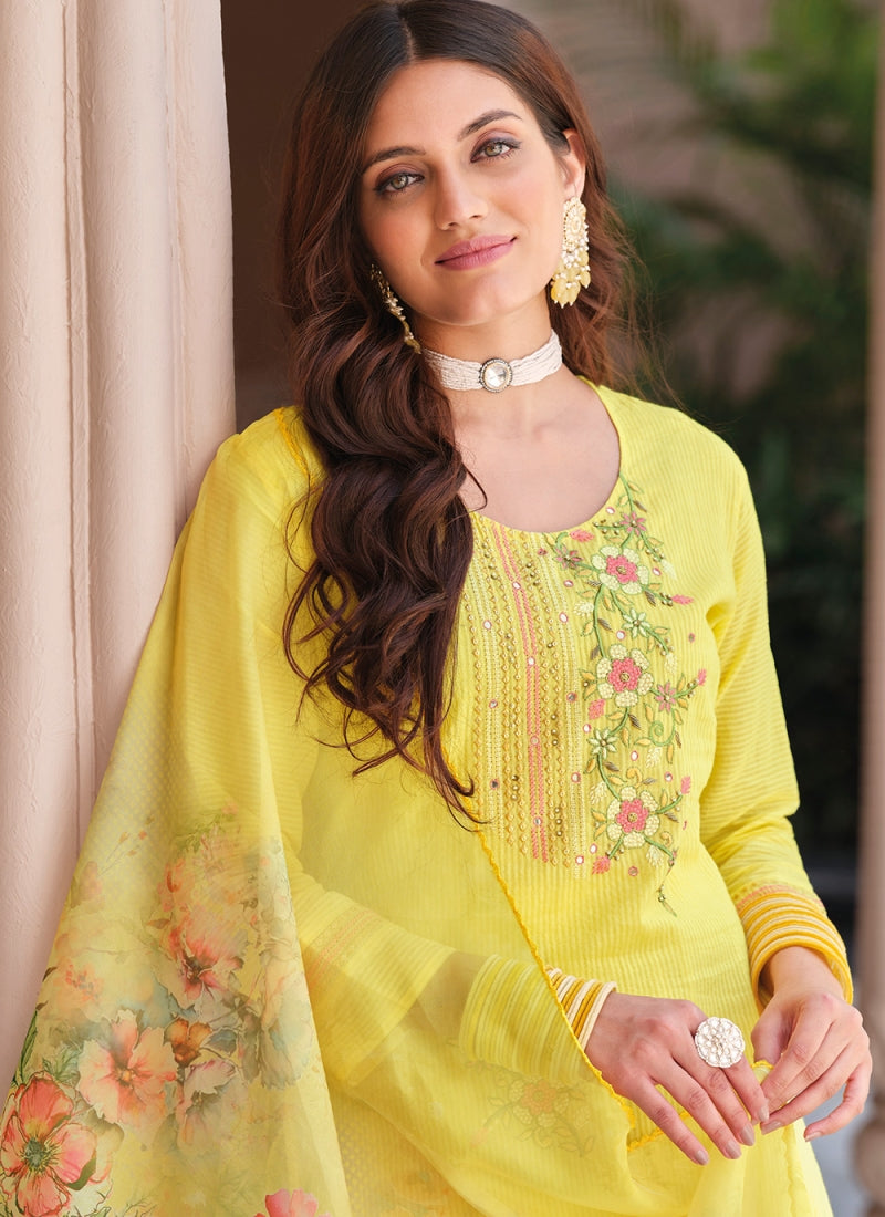 Attractive Yellow Color Cotton Embroidery Kurti With Dupatta In USA