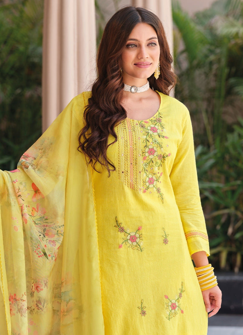 Attractive Yellow Color Cotton Embroidery Kurti With Dupatta In Tempe