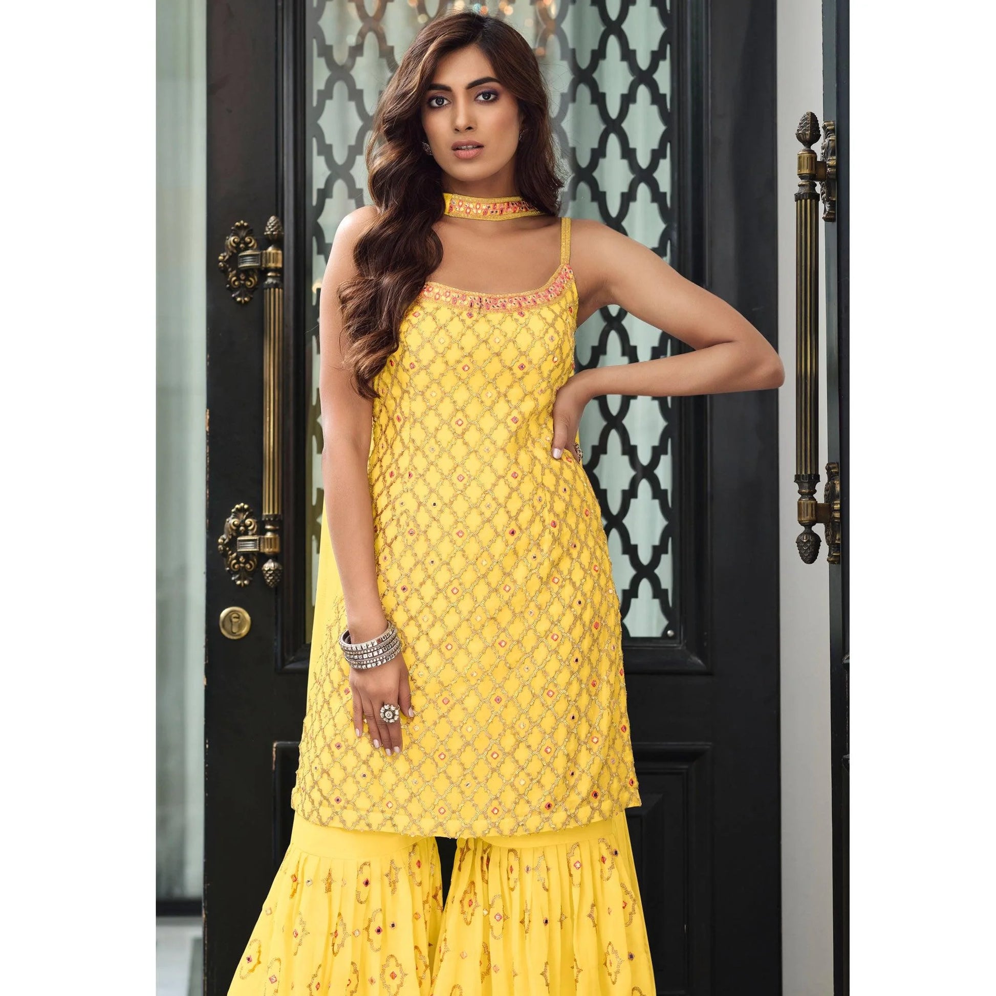 Appealing Ethnic Wear Yellow Colored Kurti With Palazzo Suits Near Me