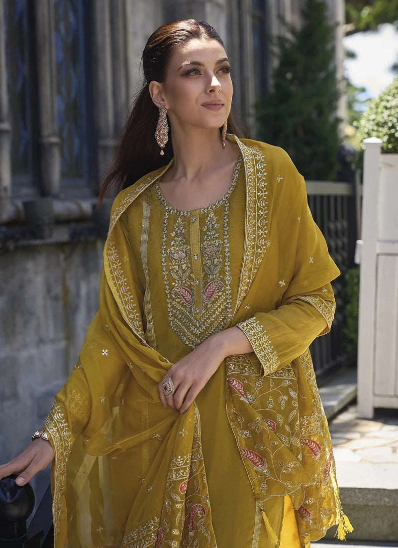 Trendy Festival Wear Mustard Yellow Embroidery Work Near Me