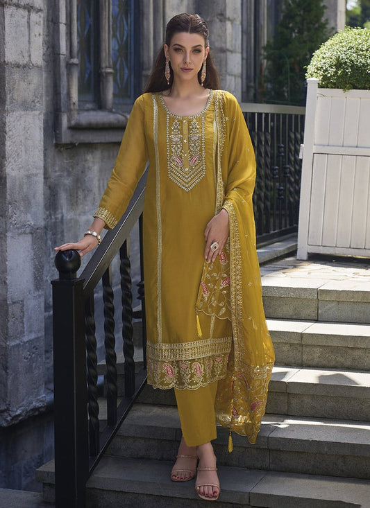 Trendy Festival Wear Mustard Yellow Embroidery Work With Soft Organza Salwar Suit