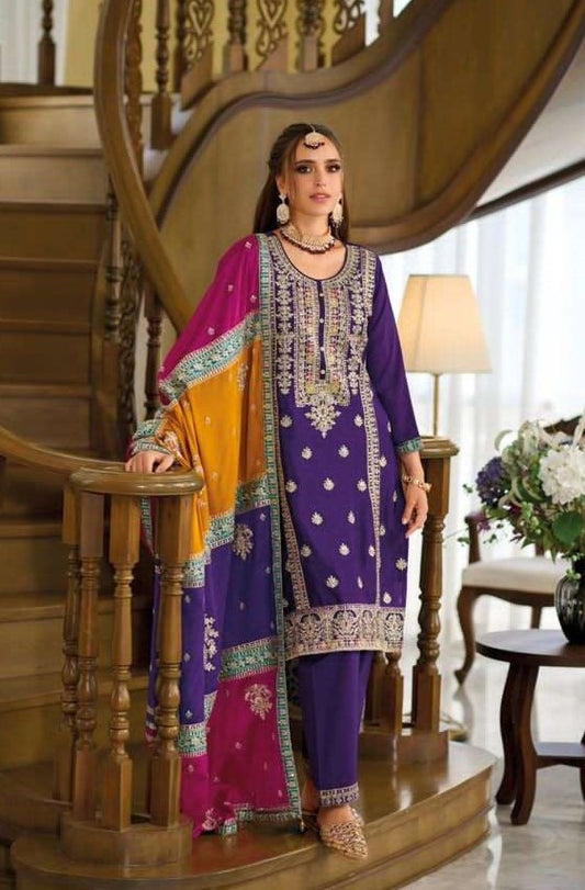 Appealing Blue Colored Heavy Chinon Embroidery Work Salwar Suits For Women