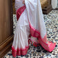 Alluring off White Color Chanderi Fancy Silk Saree With Tempal Print And Weave Border