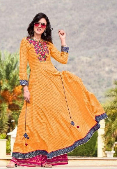 Yellow Color Cotton Full Length Dress With Pink Embroidery Work