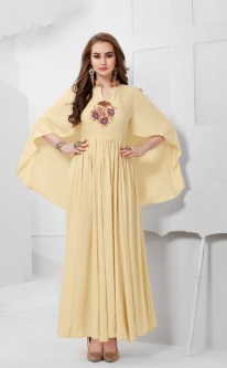 Trendy Cream Colored Slub Rayon Full Length Dress With Flared Sleeve