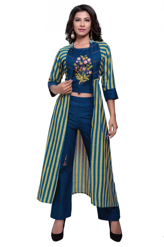 Delightful Blue Crop Top With Pencil Pants And Long Striped Long Shrug