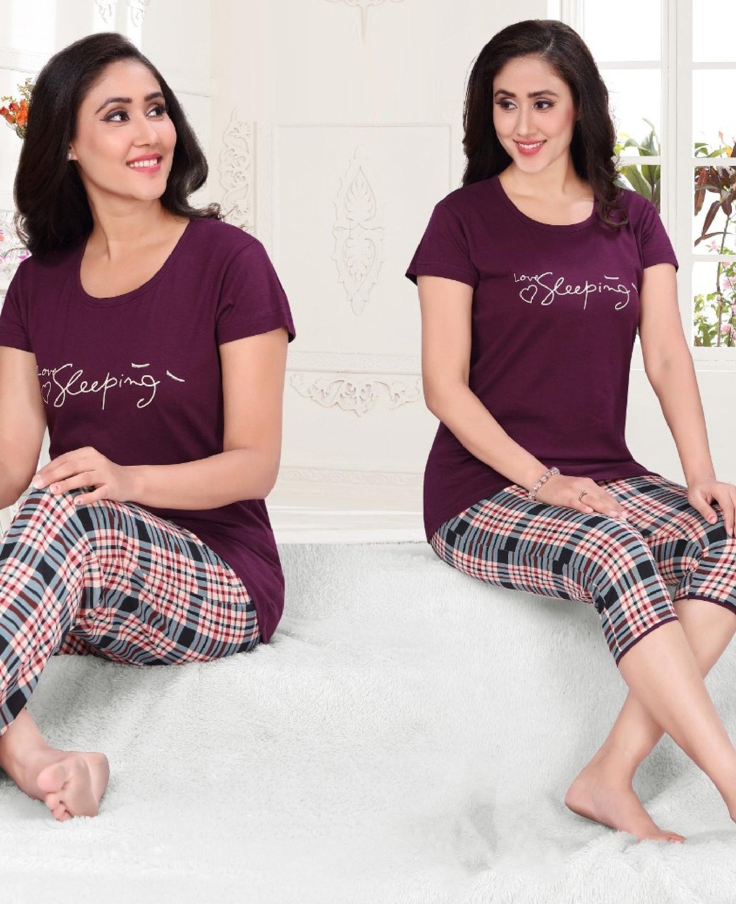 Women's Purple Blush Cotton Top With 3/4th Pant in Phoenix