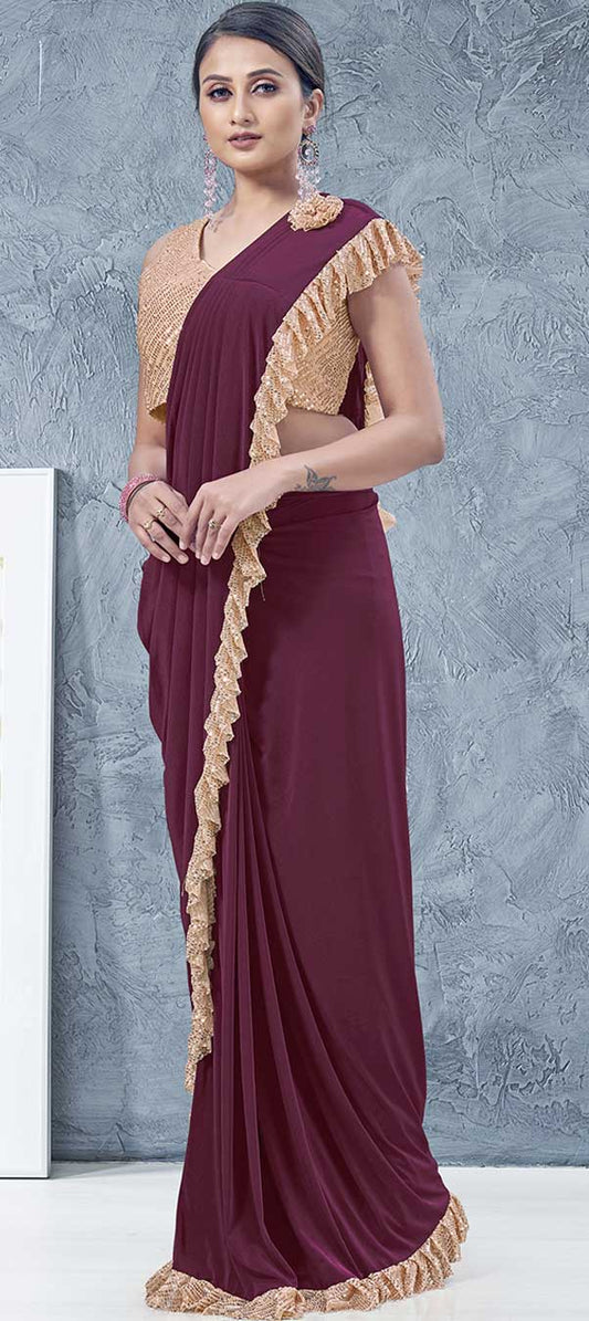 Wine Color Fancy Ready To Wear One Minute Lycra Designer Saree With Light Pink Frill Border And Blouse
