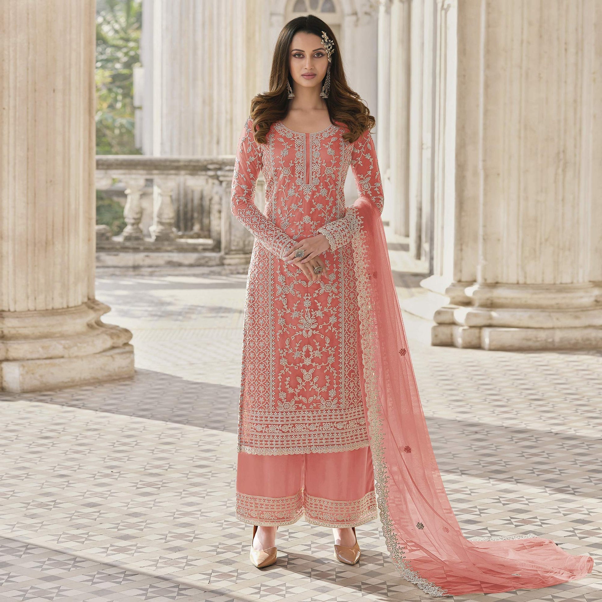 Peach Embroidered Net Beautiful Palazzo Suit