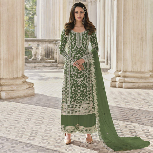 Lovely Green Color Embroidered Net Beautiful Palazzo Suit