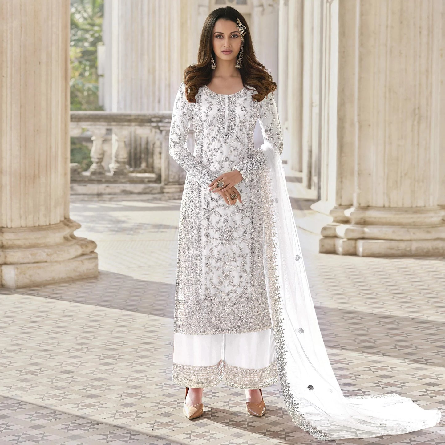 Pretty White Color Designer Embroidered Net Beautiful Palazzo Suit