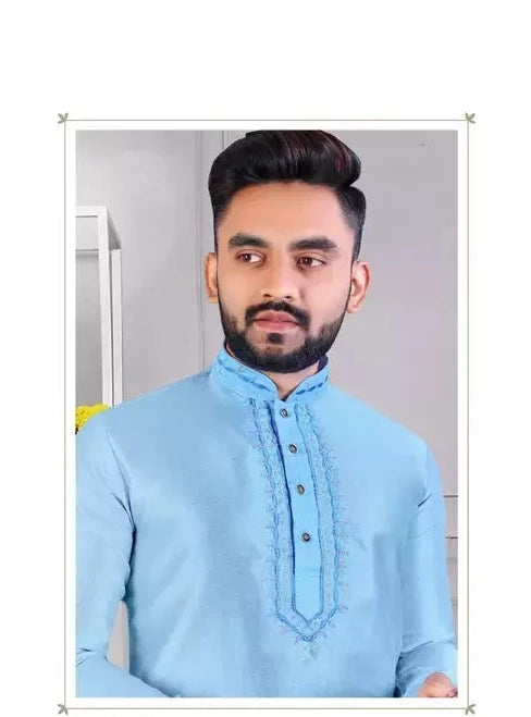 Embroidered Traditional Silk Kurta Pajama Set - Sky Blue Near Me