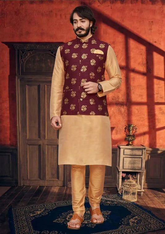 Designed Men's Ethnic Long Nehru Kurta With Pajama Set - Maroon