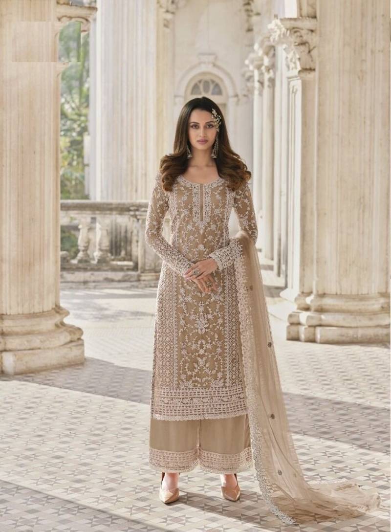 Champagne Color Embroidered Net Beautiful Palazzo Suit