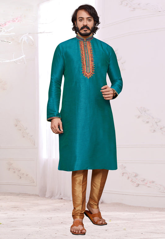 Teal Embroidered Neckline Straight Kurta Pajama Set 