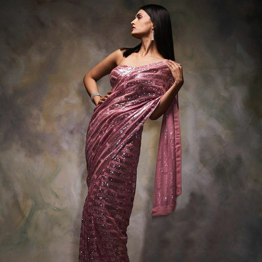 Gorgeous Celebrity Style Light Pink Metallic Sequins Saree
