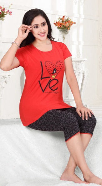 Women's Red Blush Cotton Top With 3/4th Pant & Full Pant Nightwear 3 pieces Set